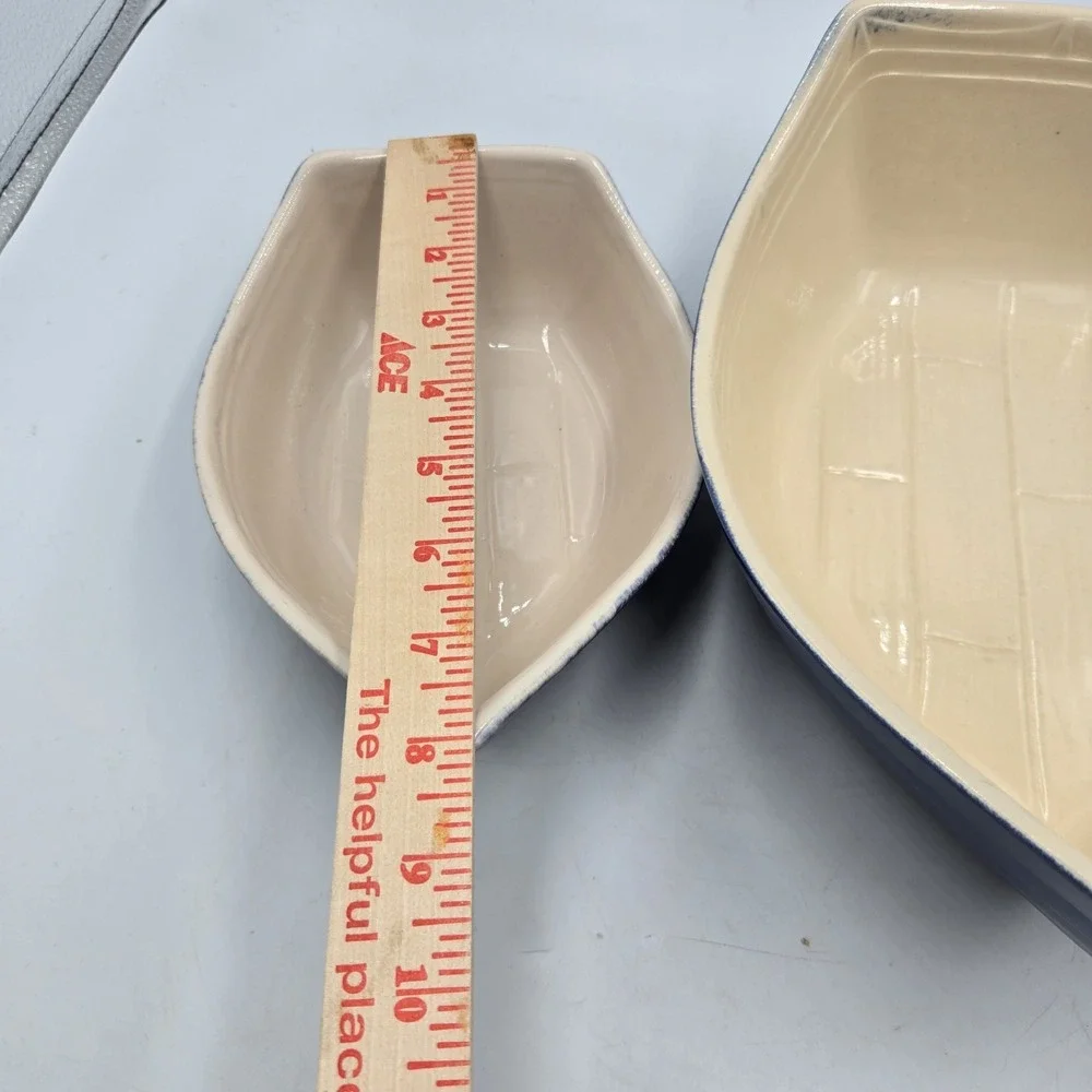 2 BCI Fabrique En Bretagne Pate Dish Baker Ceramic Boat Blue France Vintage